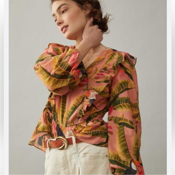 FARM Rio Tops - FARM Rio Yasmine Parrot Ruffle Blouse Size Large NWT